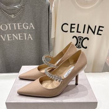 Jimmy Choo Bing Pumps 8.5cm with Strass Strap in Patent Calfskin Leather Nude Pink 2026 (MD-260207007)