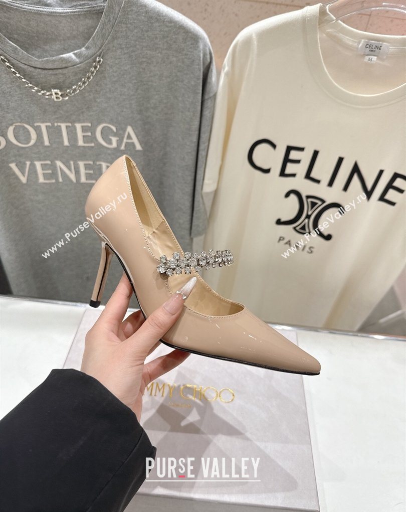 Jimmy Choo Bing Pumps 8.5cm with Strass Strap in Patent Calfskin Leather Nude Pink 2026 (MD-260207007)