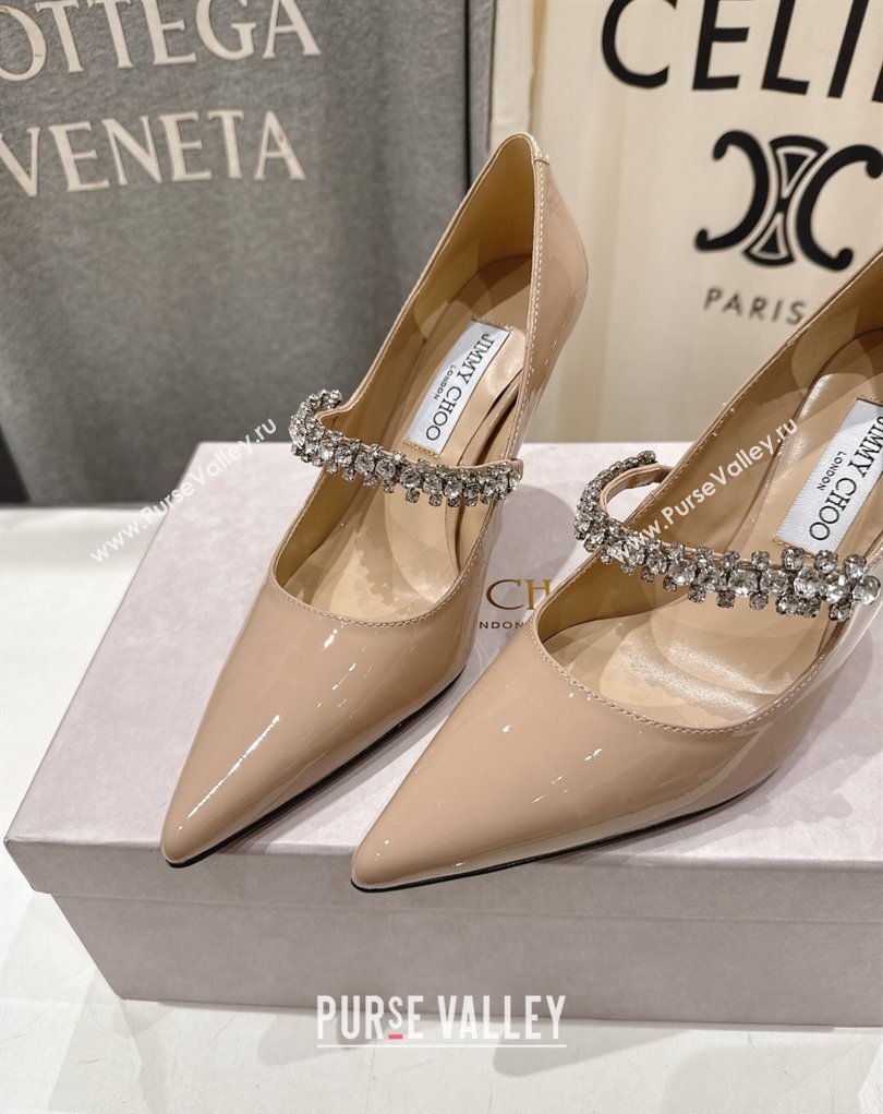 Jimmy Choo Bing Pumps 8.5cm with Strass Strap in Patent Calfskin Leather Nude Pink 2026 (MD-260207007)