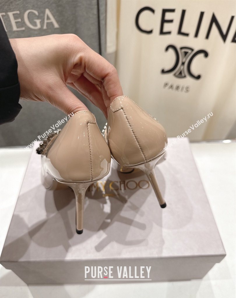 Jimmy Choo Bing Pumps 8.5cm with Strass Strap in Patent Calfskin Leather Nude Pink 2026 (MD-260207007)