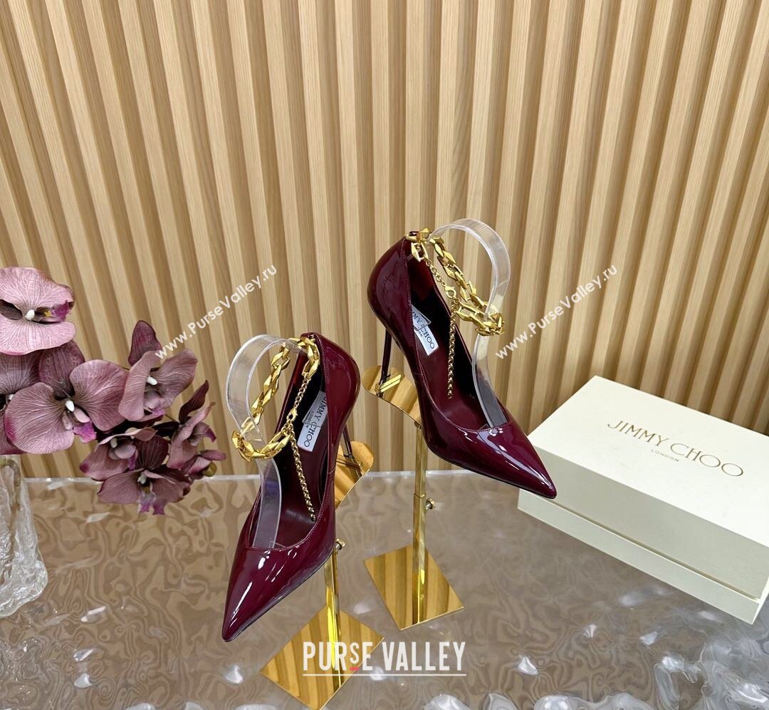 Jimmy Choo Patent Leather Heel Sandals 10cm with Chain Strap Burgundy 2026 JC020702 (MD-260207035)
