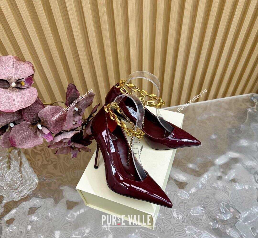 Jimmy Choo Patent Leather Heel Sandals 10cm with Chain Strap Burgundy 2026 JC020702 (MD-260207035)