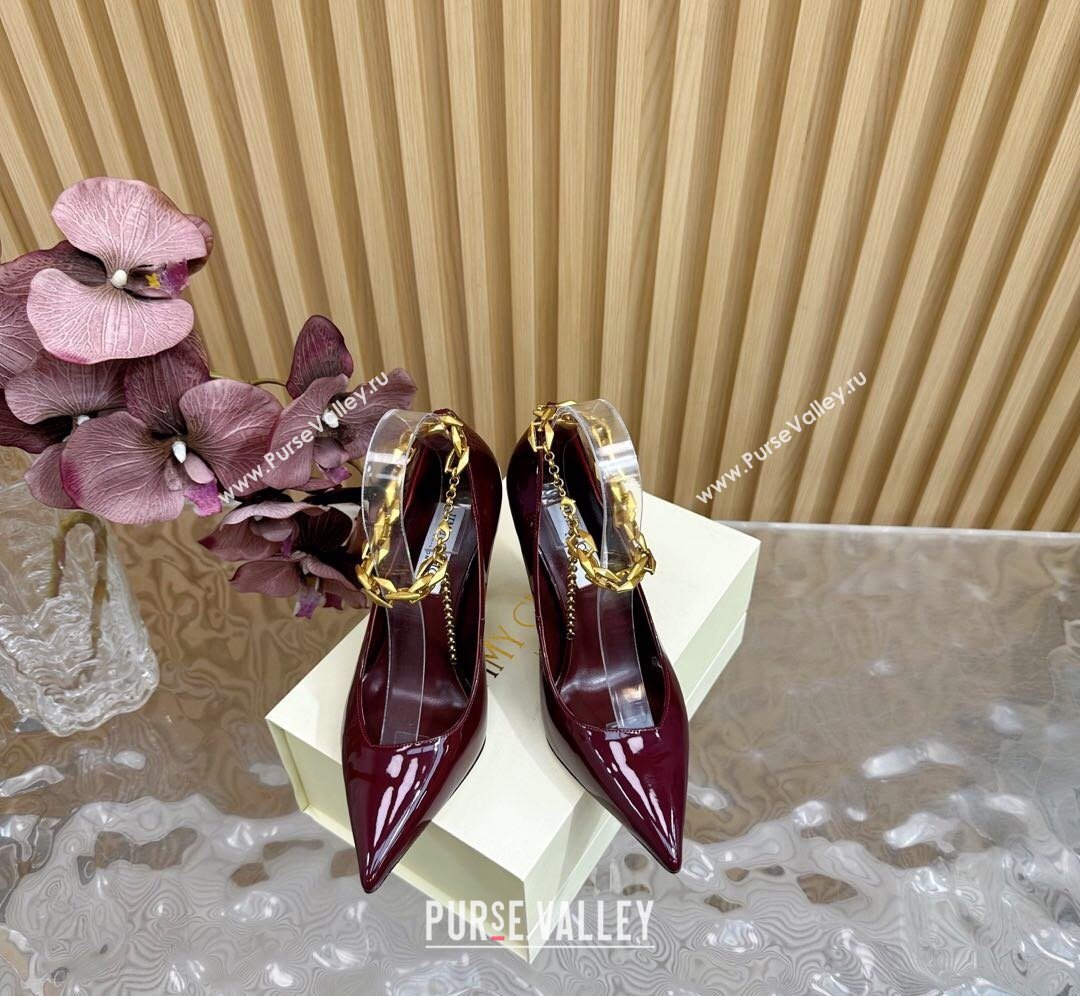 Jimmy Choo Patent Leather Heel Sandals 10cm with Chain Strap Burgundy 2026 JC020702 (MD-260207035)