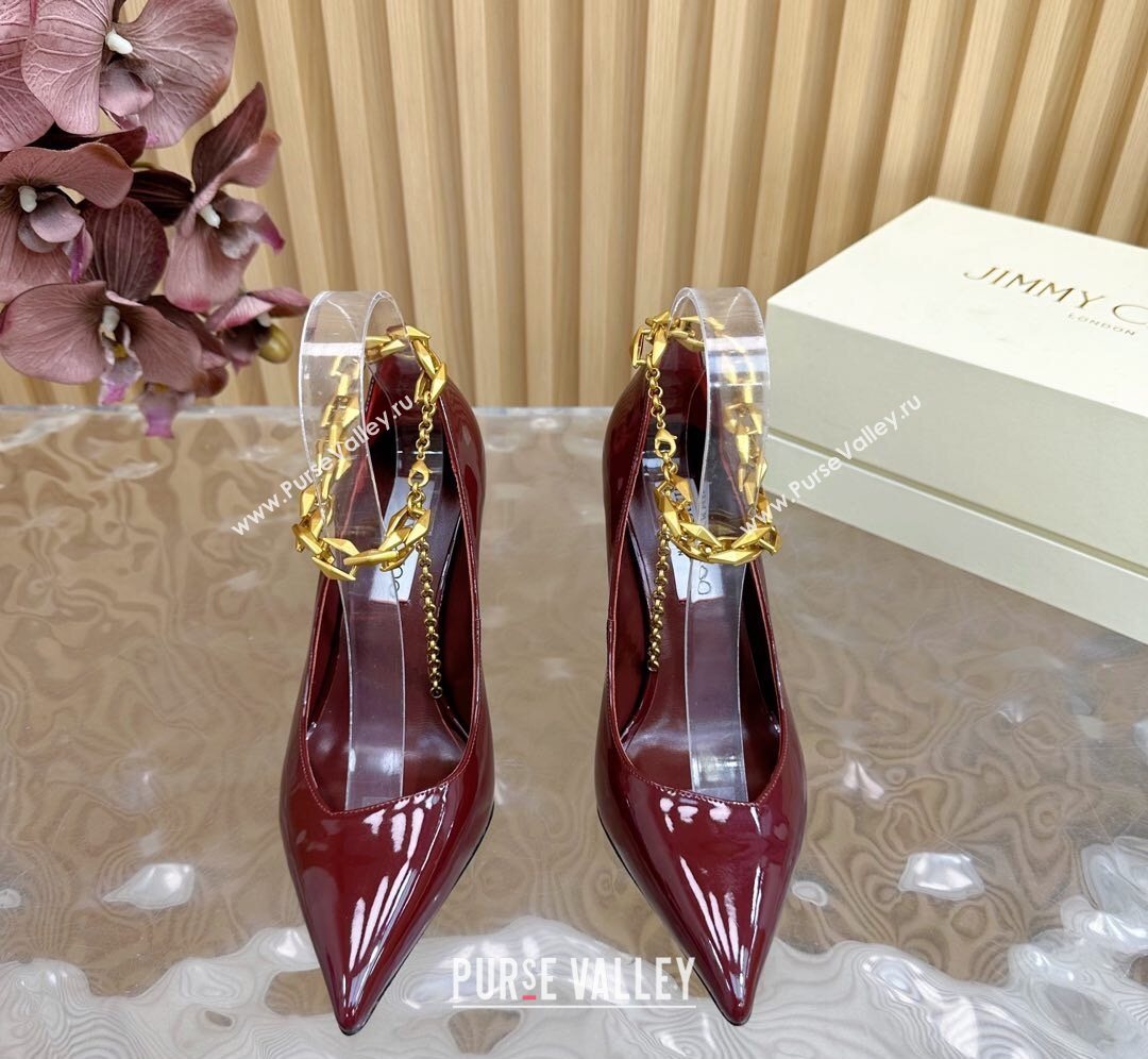 Jimmy Choo Patent Leather Heel Sandals 10cm with Chain Strap Burgundy 2026 JC020702 (MD-260207035)
