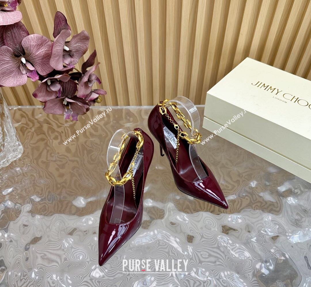 Jimmy Choo Patent Leather Heel Sandals 10cm with Chain Strap Burgundy 2026 JC020702 (MD-260207035)