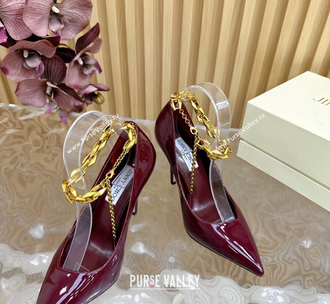 Jimmy Choo Patent Leather Heel Sandals 10cm with Chain Strap Burgundy 2026 JC020702 (MD-260207035)