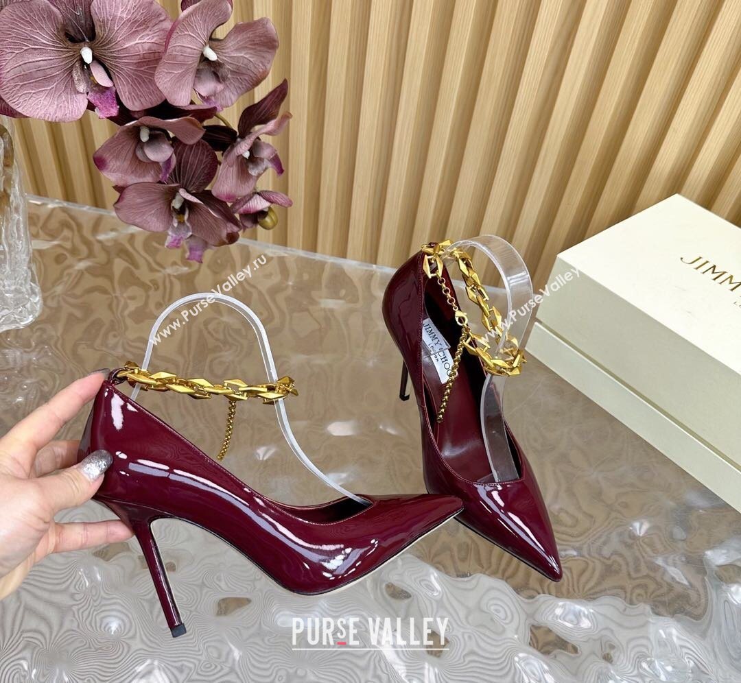 Jimmy Choo Patent Leather Heel Sandals 10cm with Chain Strap Burgundy 2026 JC020702 (MD-260207035)