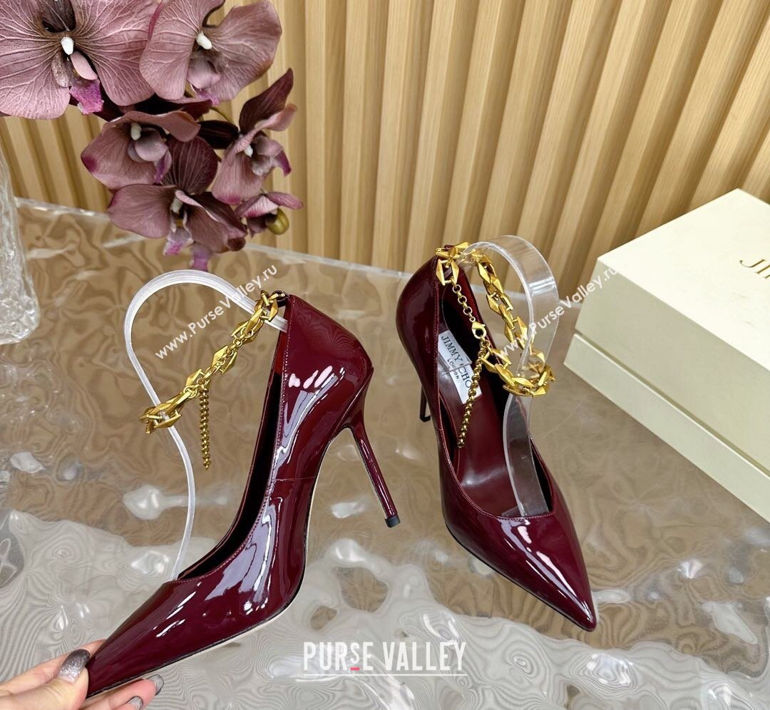 Jimmy Choo Patent Leather Heel Sandals 10cm with Chain Strap Burgundy 2026 JC020702 (MD-260207035)