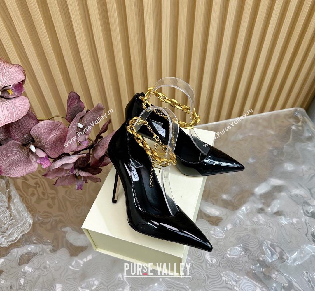 Jimmy Choo Patent Leather Heel Sandals 10cm with Chain Strap Black 2026 JC020702 (MD-260207036)