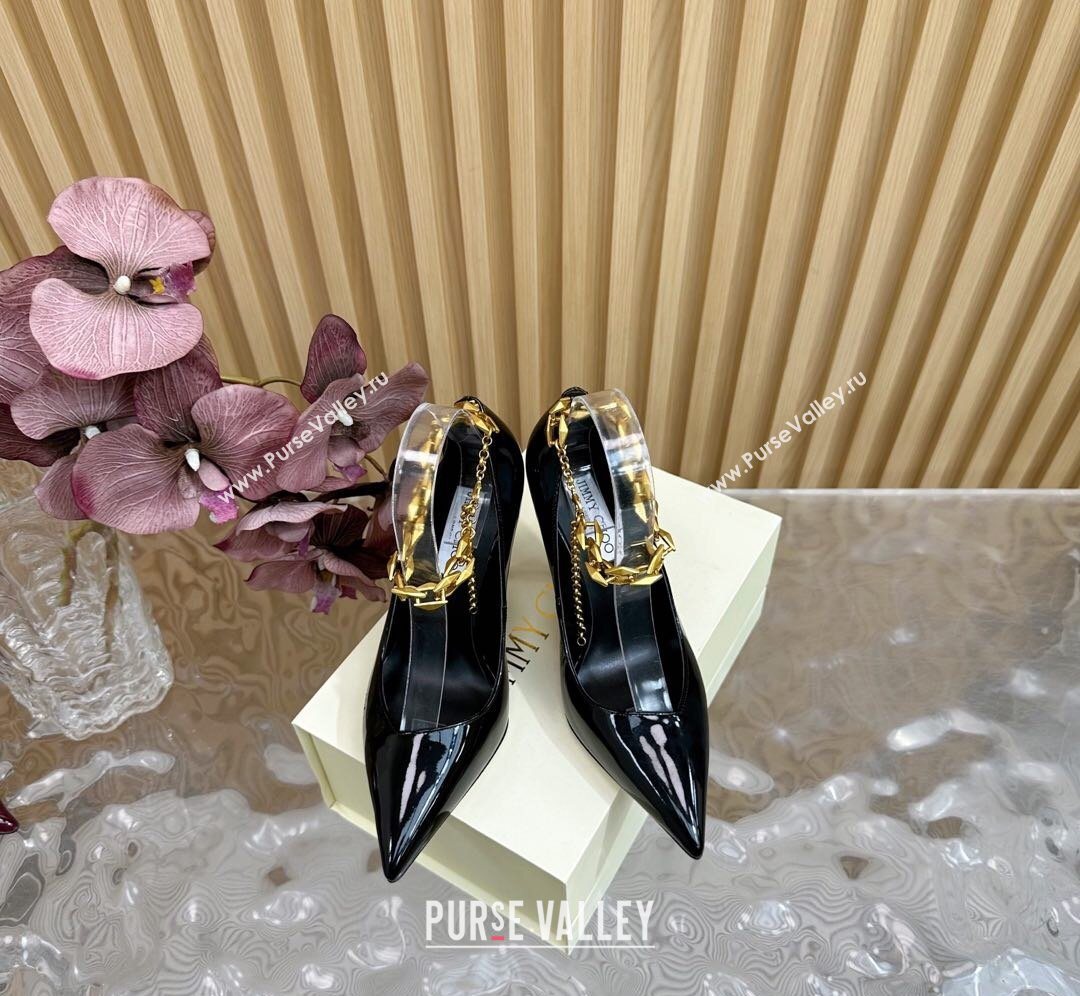 Jimmy Choo Patent Leather Heel Sandals 10cm with Chain Strap Black 2026 JC020702 (MD-260207036)