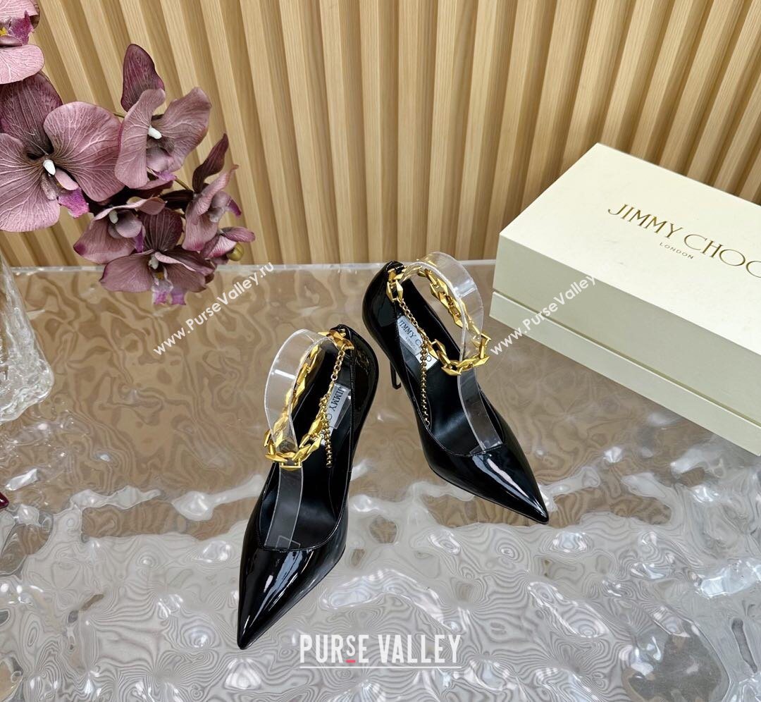 Jimmy Choo Patent Leather Heel Sandals 10cm with Chain Strap Black 2026 JC020702 (MD-260207036)