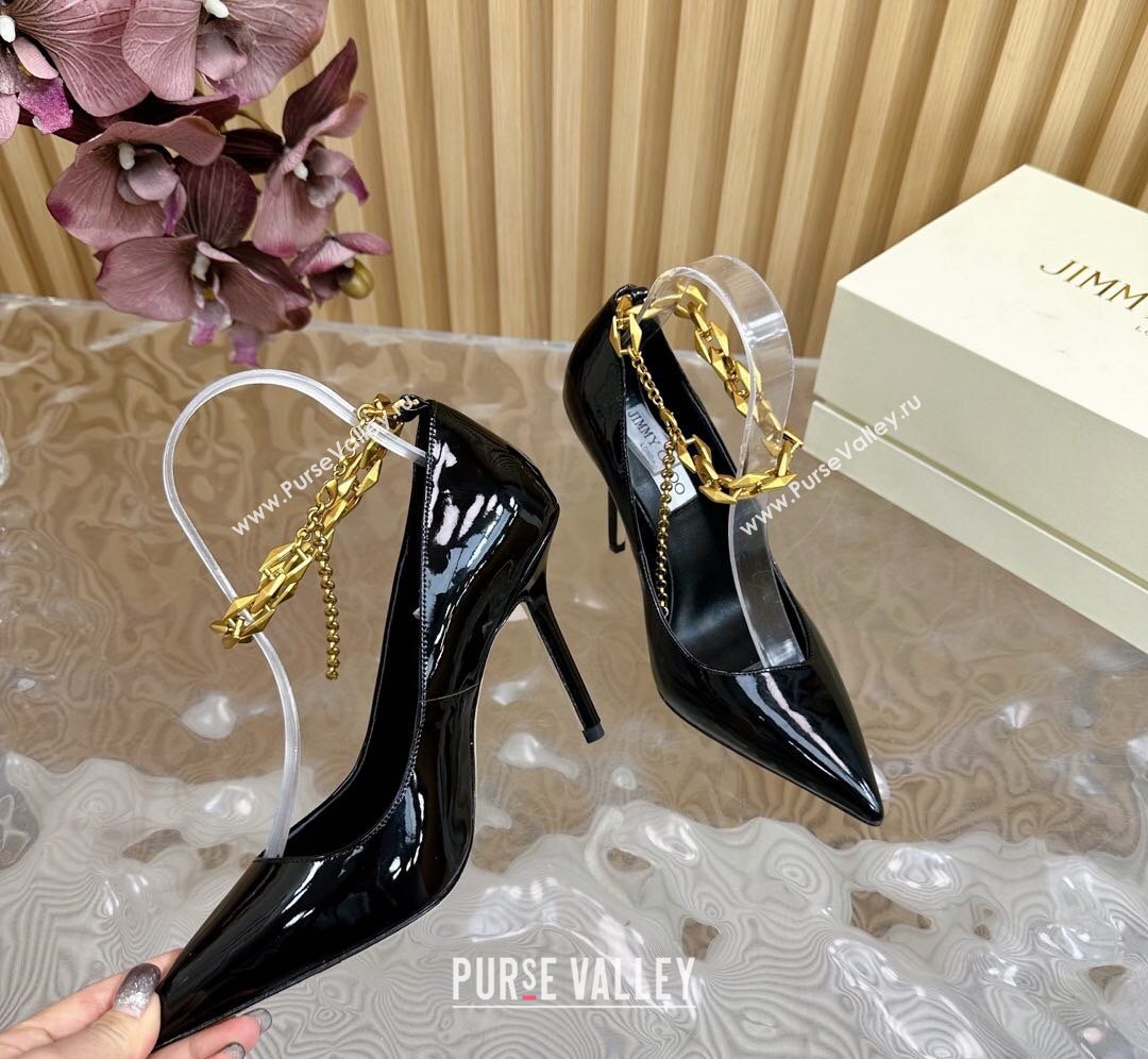 Jimmy Choo Patent Leather Heel Sandals 10cm with Chain Strap Black 2026 JC020702 (MD-260207036)