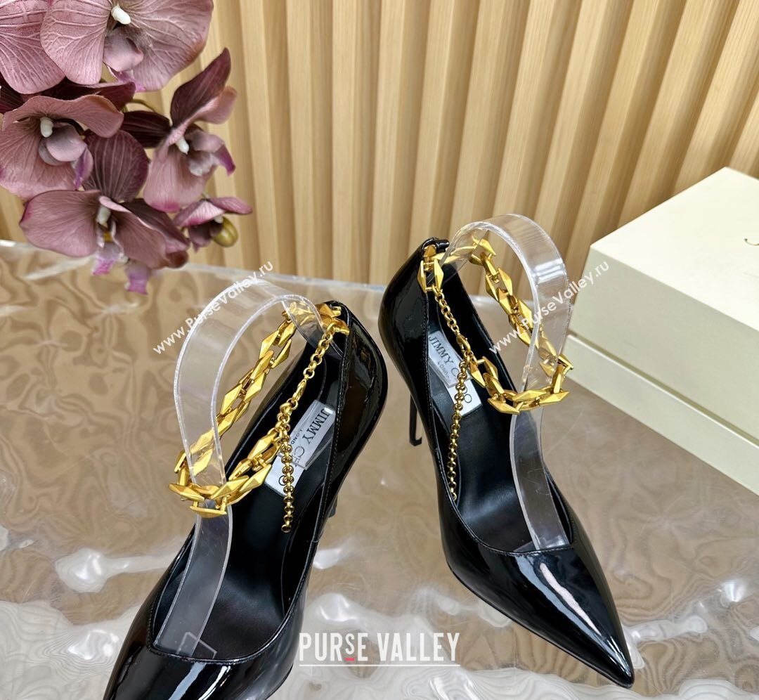 Jimmy Choo Patent Leather Heel Sandals 10cm with Chain Strap Black 2026 JC020702 (MD-260207036)