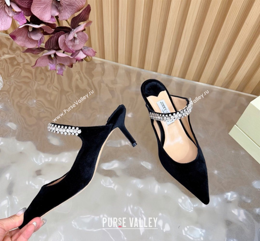 Jimmy Choo Bing Heel Mules 6.5cm with Strass Strap in Velvet Black 2026 0724001 (MD-260207039)