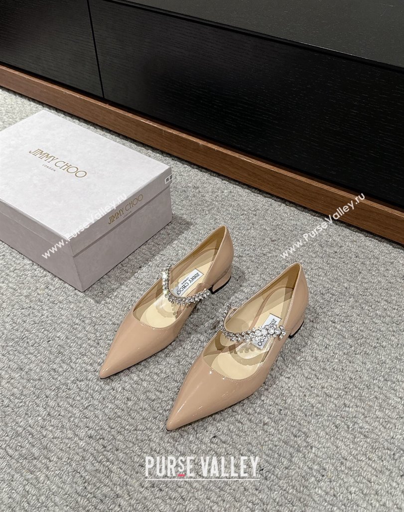 Jimmy Choo Bing Pump Flat 2.5cm with Strass Strap in Patent Calfskin Nude 2024 0606 (KL-240606064)