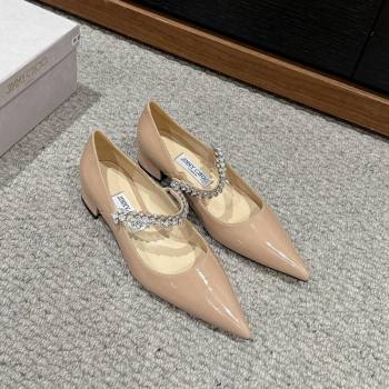 Jimmy Choo Bing Pump Flat 2.5cm with Strass Strap in Patent Calfskin Nude 2024 0606 (KL-240606064)