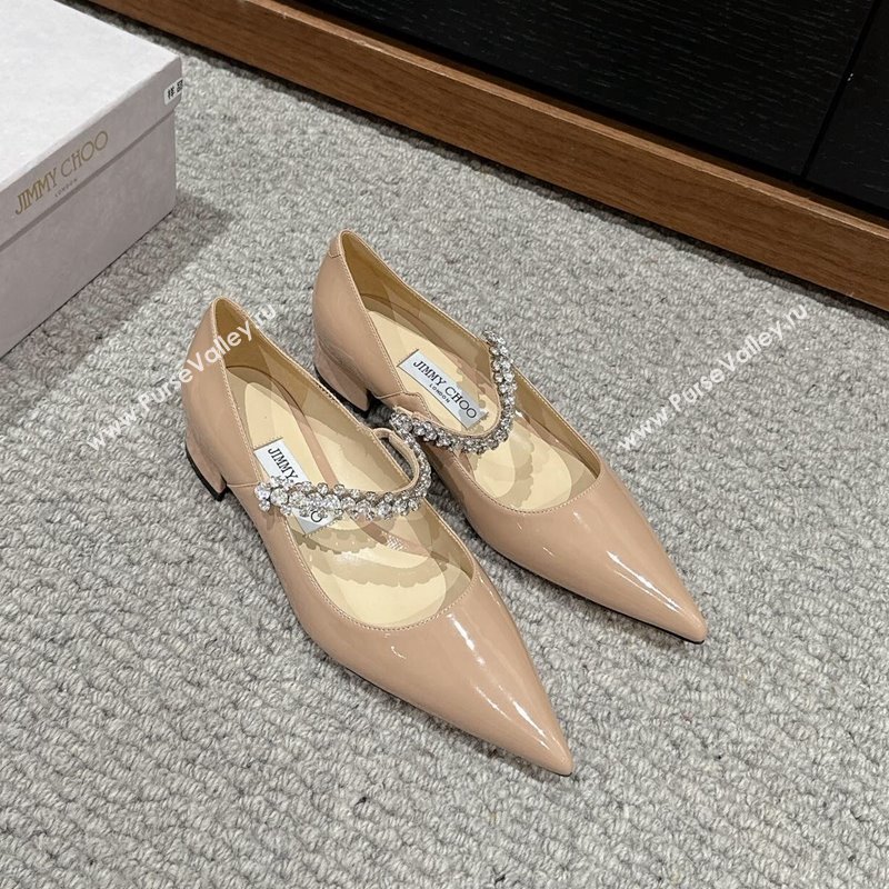 Jimmy Choo Bing Pump Flat 2.5cm with Strass Strap in Patent Calfskin Nude 2024 0606 (KL-240606064)