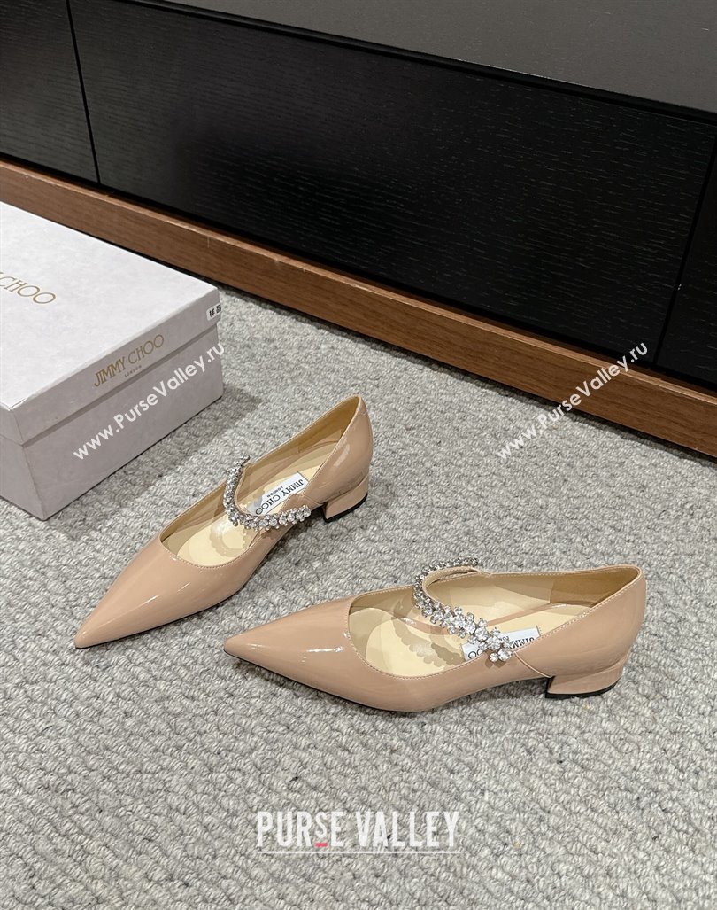 Jimmy Choo Bing Pump Flat 2.5cm with Strass Strap in Patent Calfskin Nude 2024 0606 (KL-240606064)