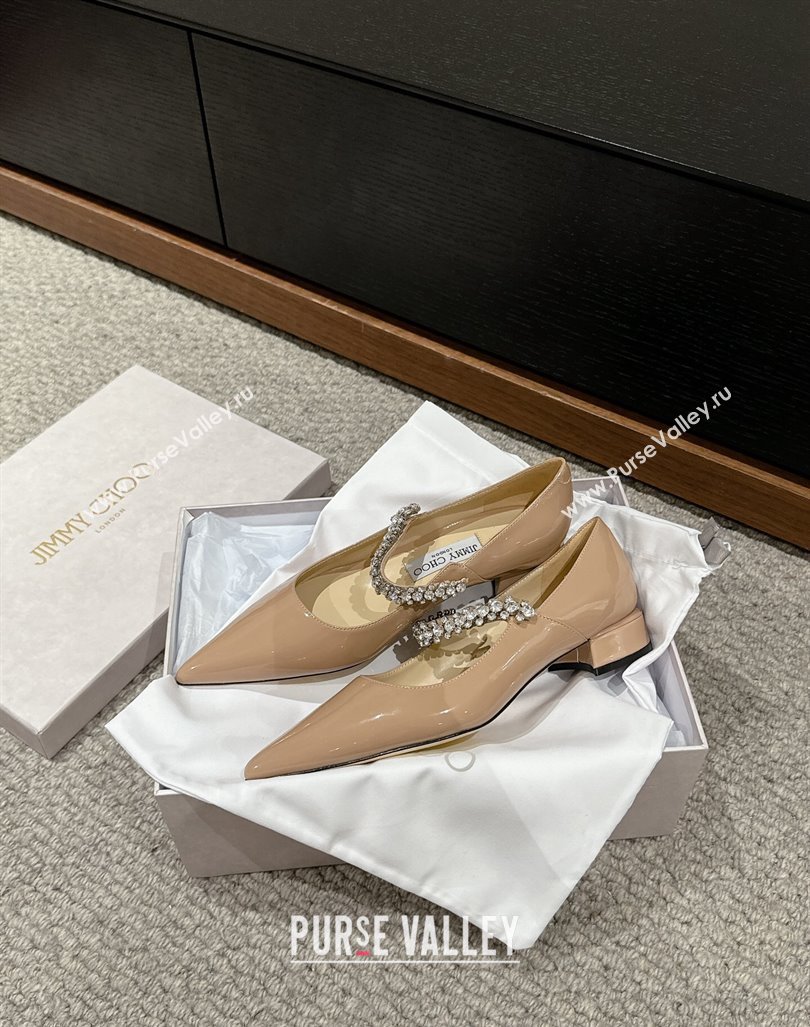 Jimmy Choo Bing Pump Flat 2.5cm with Strass Strap in Patent Calfskin Nude 2024 0606 (KL-240606064)