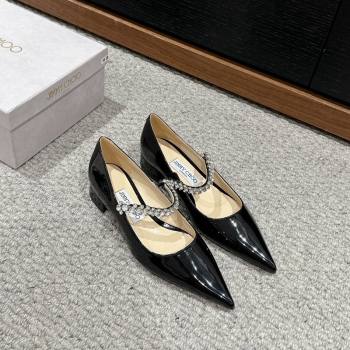 Jimmy Choo Bing Pump Flat 2.5cm with Strass Strap in Patent Calfskin Black 2024 0606 (KL-240606065)