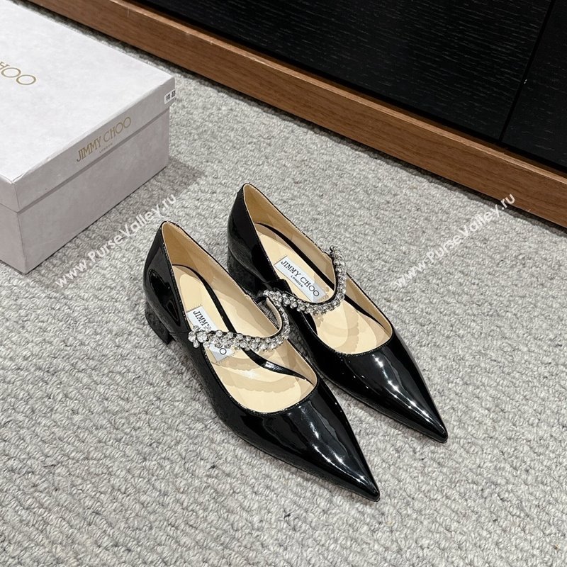 Jimmy Choo Bing Pump Flat 2.5cm with Strass Strap in Patent Calfskin Black 2024 0606 (KL-240606065)