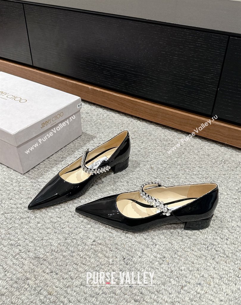 Jimmy Choo Bing Pump Flat 2.5cm with Strass Strap in Patent Calfskin Black 2024 0606 (KL-240606065)