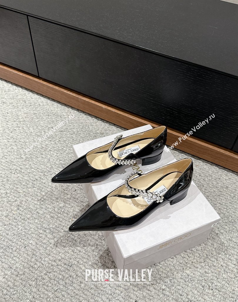 Jimmy Choo Bing Pump Flat 2.5cm with Strass Strap in Patent Calfskin Black 2024 0606 (KL-240606065)