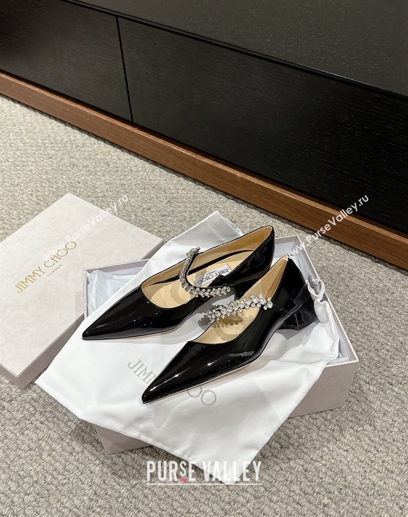 Jimmy Choo Bing Pump Flat 2.5cm with Strass Strap in Patent Calfskin Black 2024 0606 (KL-240606065)