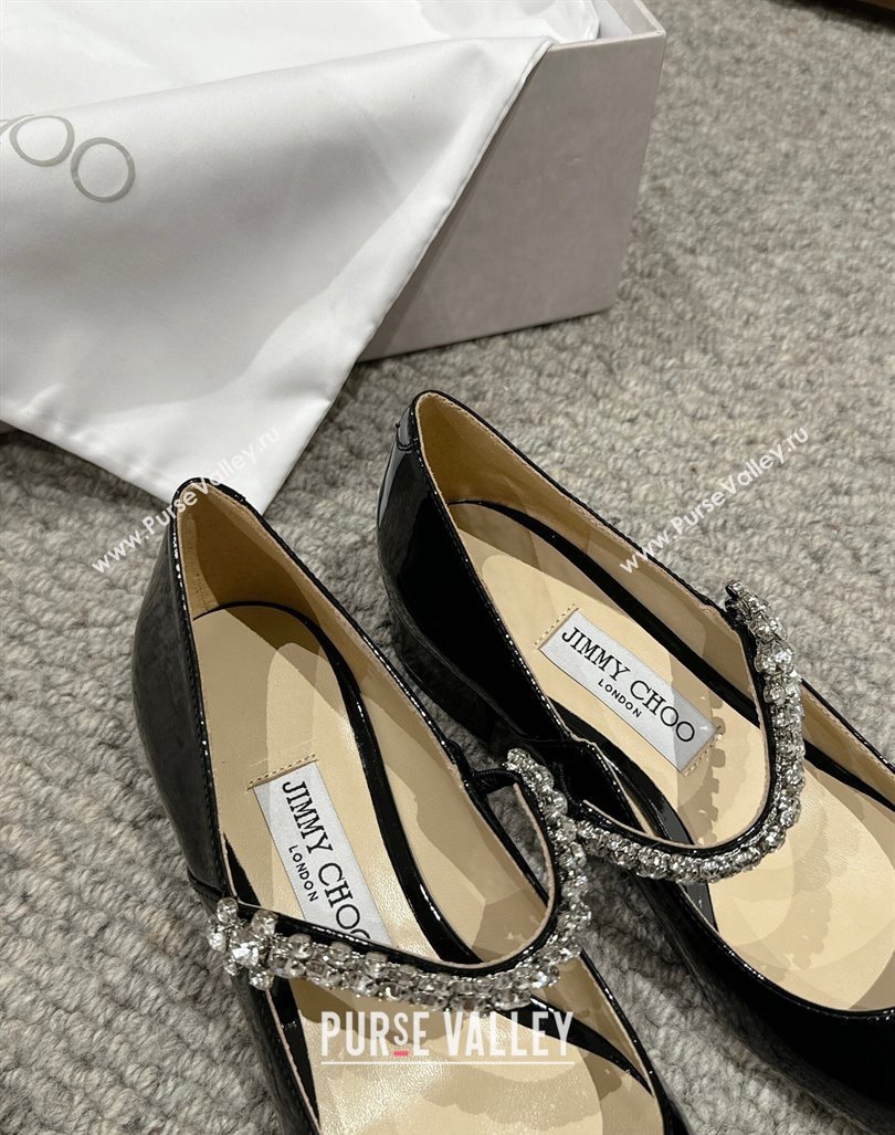 Jimmy Choo Bing Pump Flat 2.5cm with Strass Strap in Patent Calfskin Black 2024 0606 (KL-240606065)