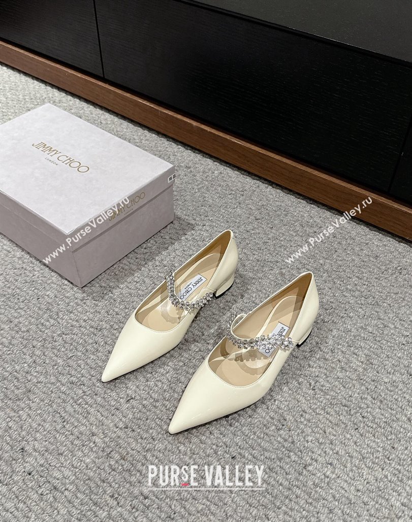 Jimmy Choo Bing Pump Flat 2.5cm with Strass Strap in Patent Calfskin White 2024 0606 (KL-240606066)