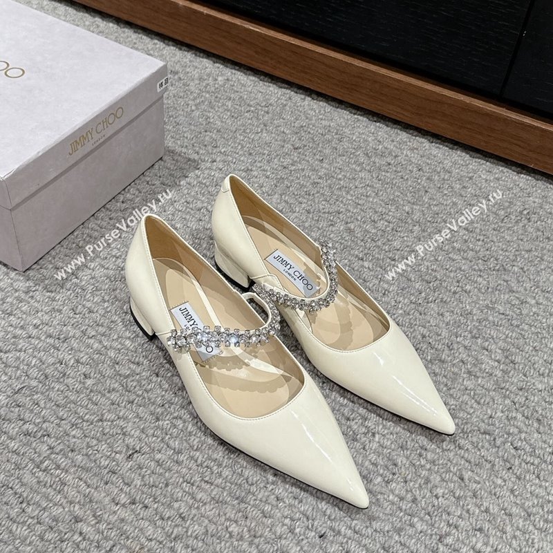 Jimmy Choo Bing Pump Flat 2.5cm with Strass Strap in Patent Calfskin White 2024 0606 (KL-240606066)