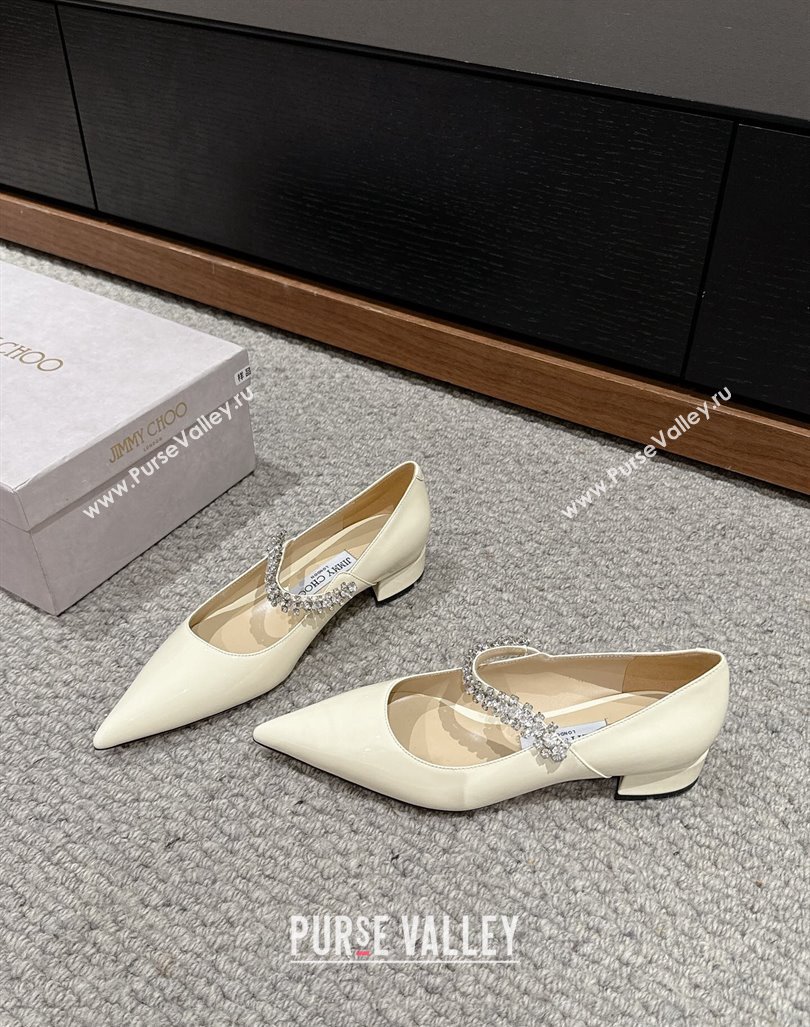 Jimmy Choo Bing Pump Flat 2.5cm with Strass Strap in Patent Calfskin White 2024 0606 (KL-240606066)