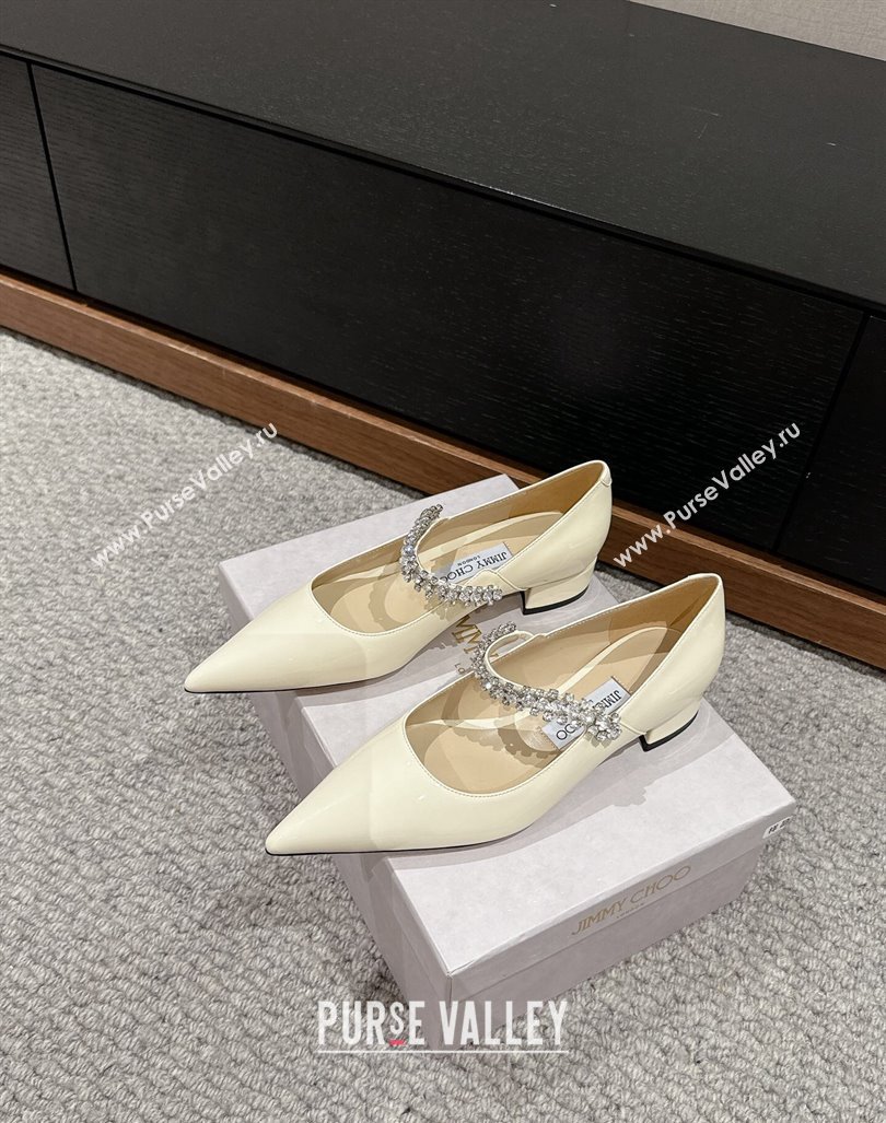 Jimmy Choo Bing Pump Flat 2.5cm with Strass Strap in Patent Calfskin White 2024 0606 (KL-240606066)