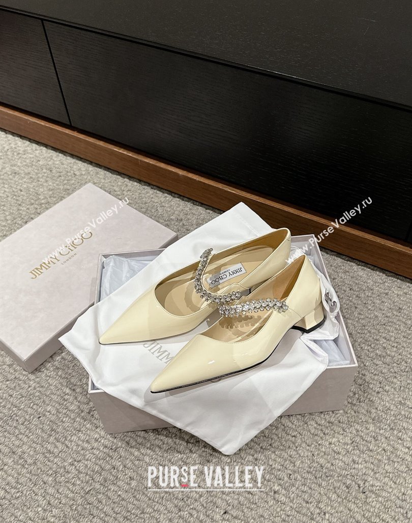 Jimmy Choo Bing Pump Flat 2.5cm with Strass Strap in Patent Calfskin White 2024 0606 (KL-240606066)