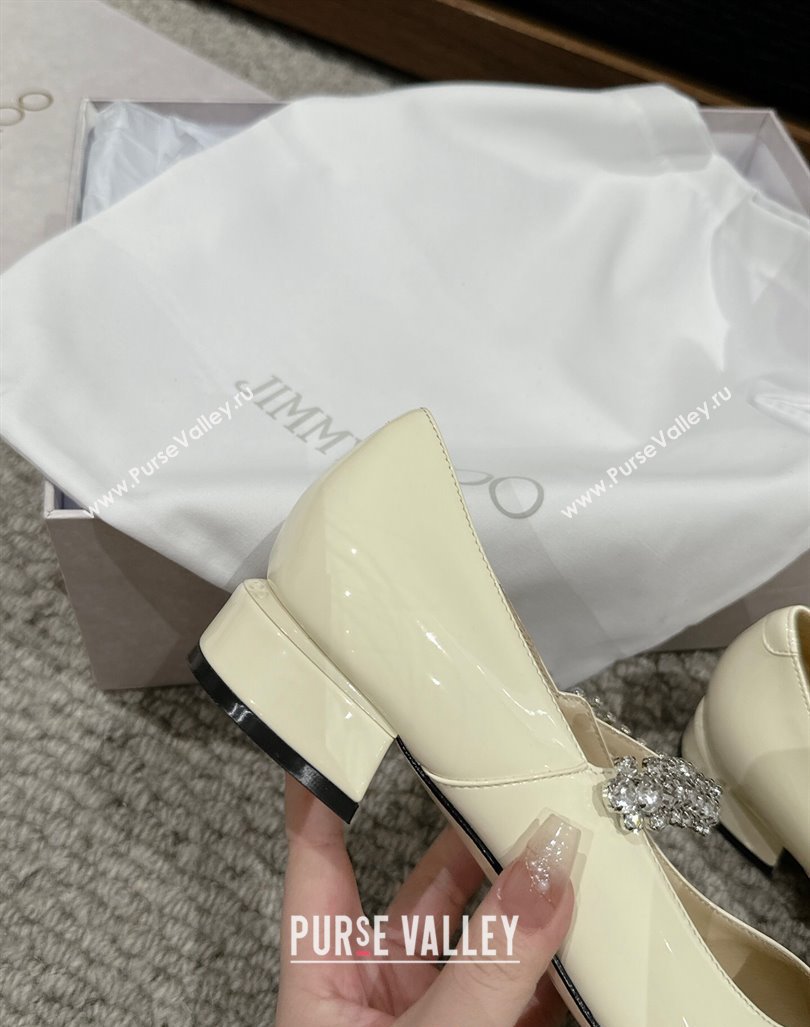 Jimmy Choo Bing Pump Flat 2.5cm with Strass Strap in Patent Calfskin White 2024 0606 (KL-240606066)