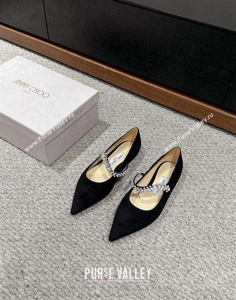 Jimmy Choo Bing Pump Flat 2.5cm with Strass Strap in Black Suede 2024 0606 (KL-240606067)