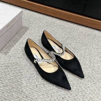 Jimmy Choo Bing Pump Flat 2.5cm with Strass Strap in Black Suede 2024 0606 (KL-240606067)