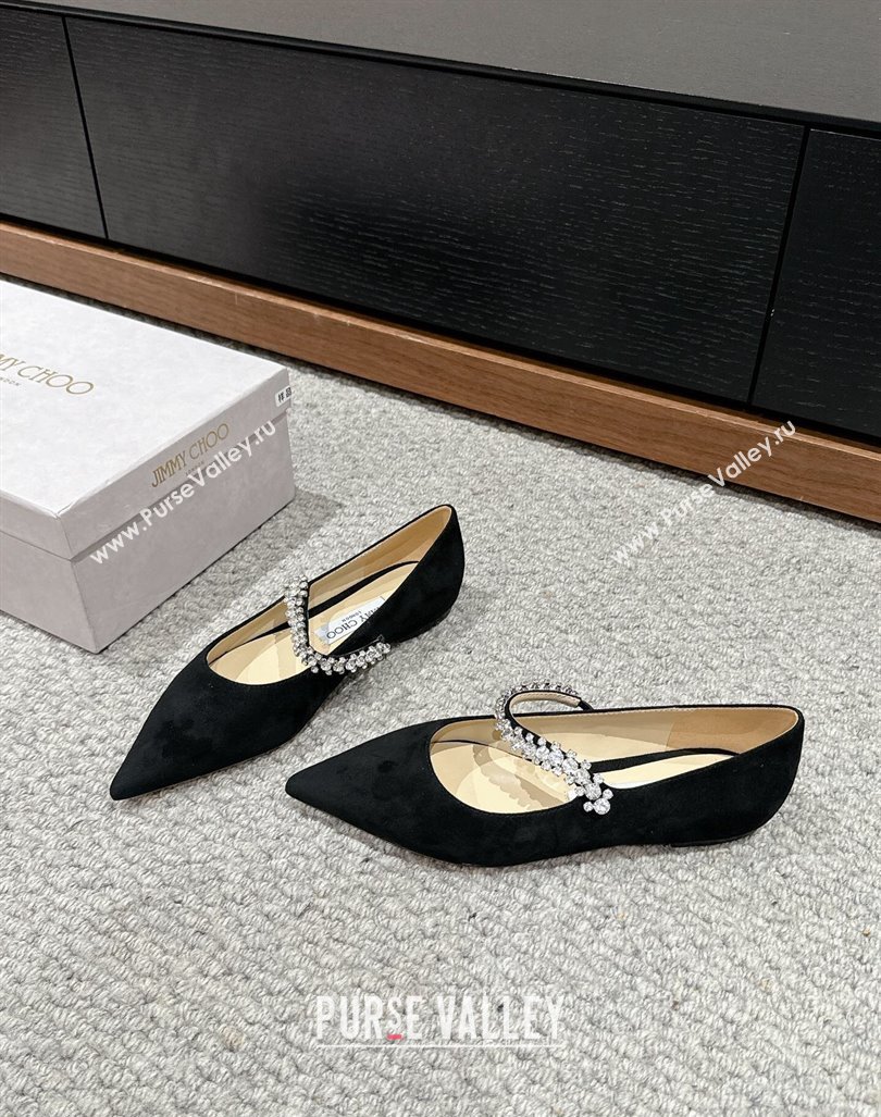 Jimmy Choo Bing Pump Flat 2.5cm with Strass Strap in Black Suede 2024 0606 (KL-240606067)