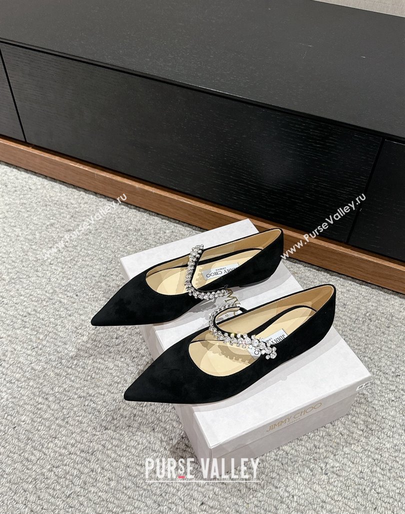 Jimmy Choo Bing Pump Flat 2.5cm with Strass Strap in Black Suede 2024 0606 (KL-240606067)