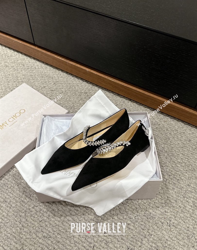 Jimmy Choo Bing Pump Flat 2.5cm with Strass Strap in Black Suede 2024 0606 (KL-240606067)