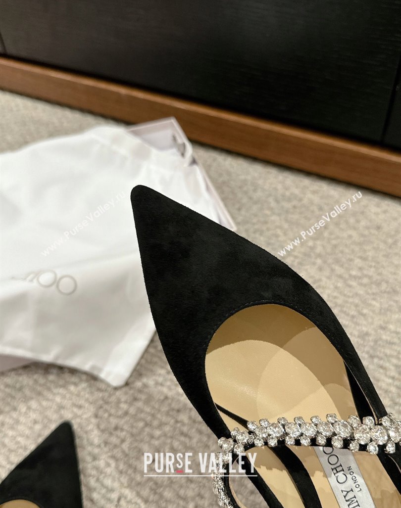 Jimmy Choo Bing Pump Flat 2.5cm with Strass Strap in Black Suede 2024 0606 (KL-240606067)