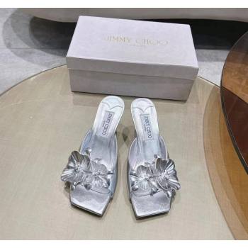 Jimmy Choo Flower Calfskin Heel Slide Sandals 6.5cm Silver 2024 0606 (MD-240606051)