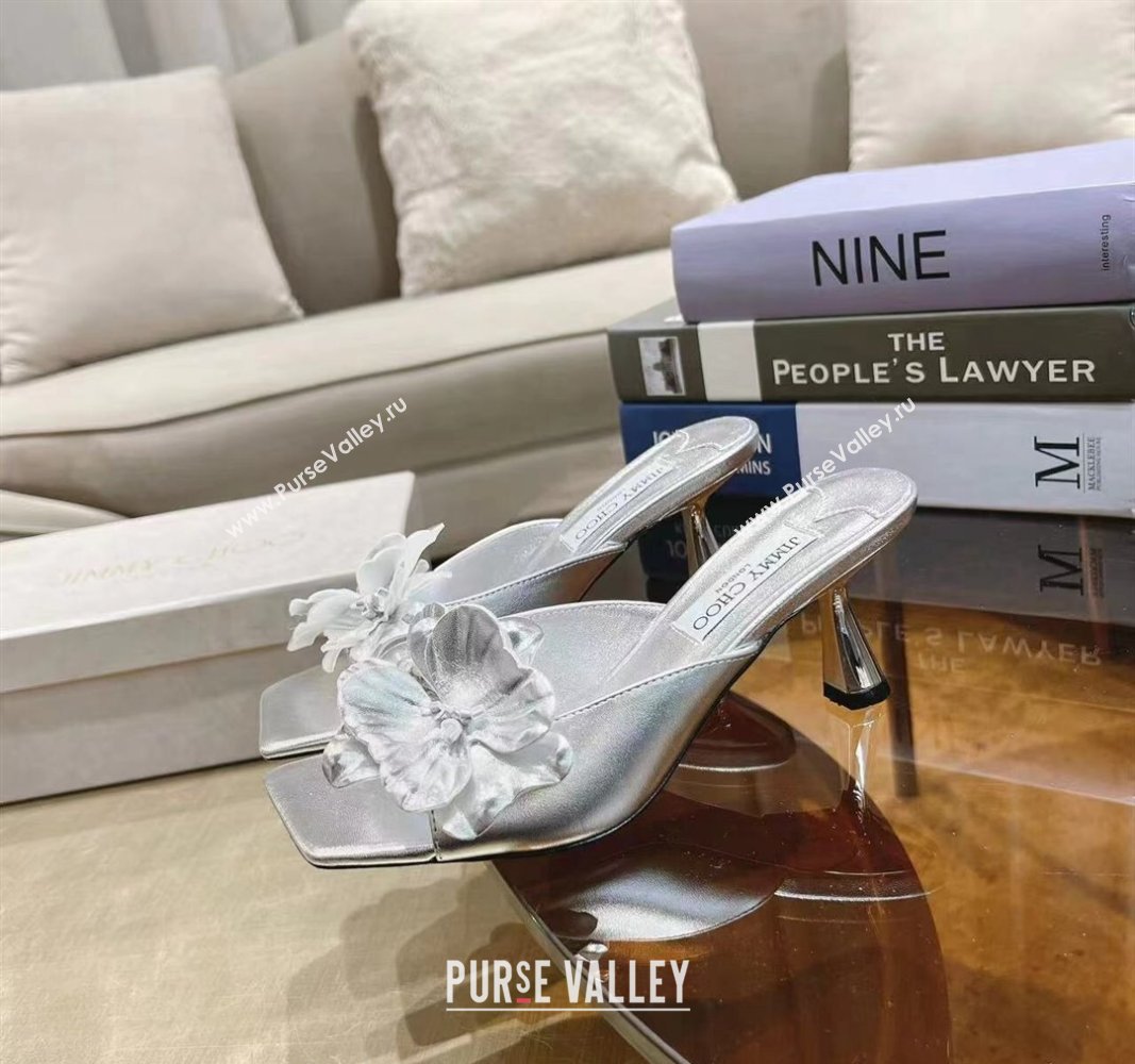 Jimmy Choo Flower Calfskin Heel Slide Sandals 6.5cm Silver 2024 0606 (MD-240606051)