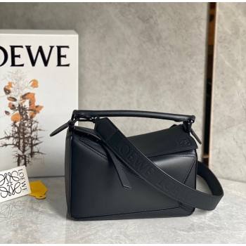 Loewe Small Puzzle bag in Satin Calfskin with Wide Leather Strap Black 2024 (Ys-240202073)