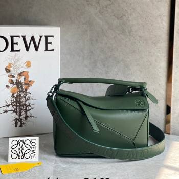 Loewe Small Puzzle bag in Satin Calfskin with Wide Leather Strap Bottle Green 2024 (Ys-240202077)