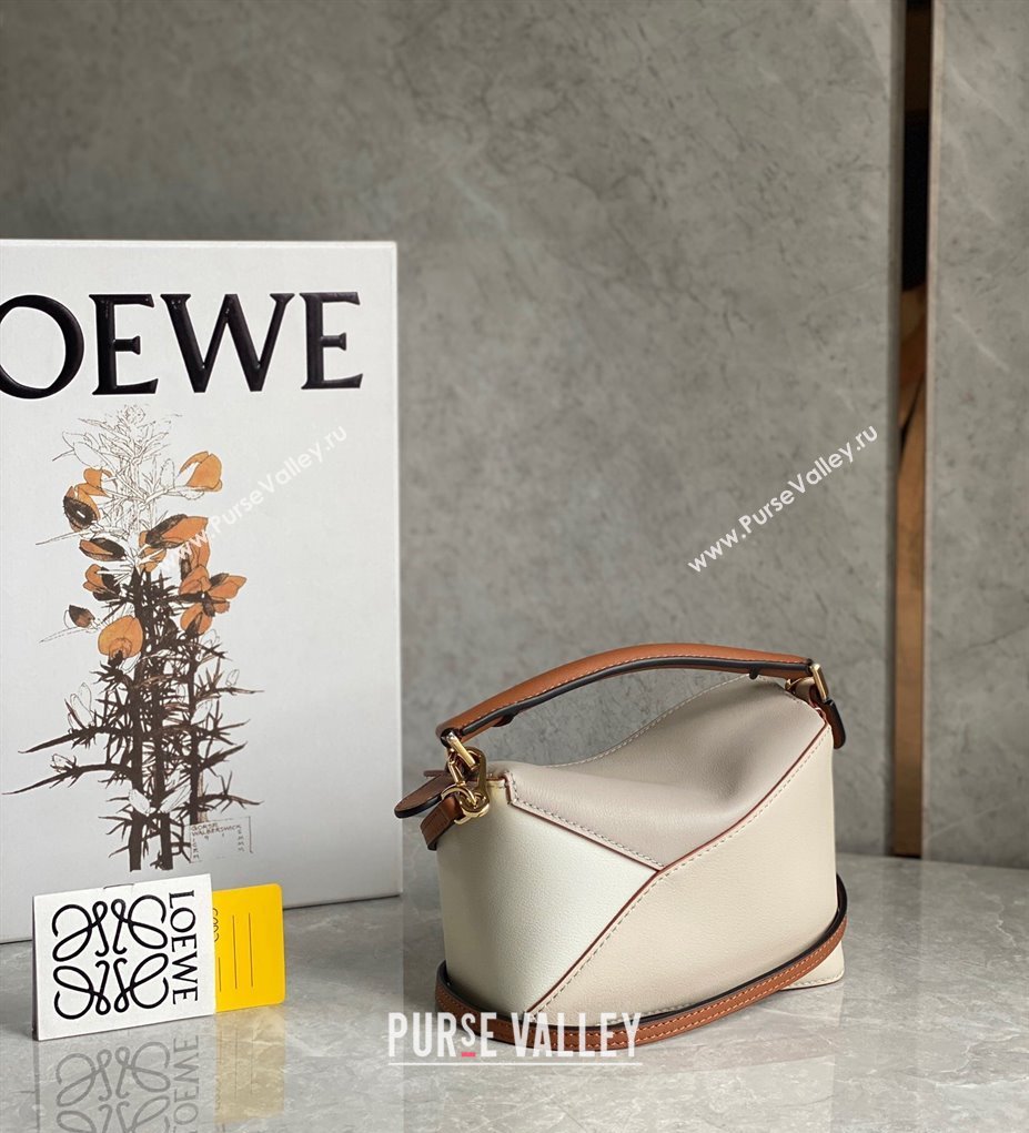 Loewe Mini Puzzle bag in Classic Calfskin White/Grey/Brown 2024 0202 (Ys-240202046)