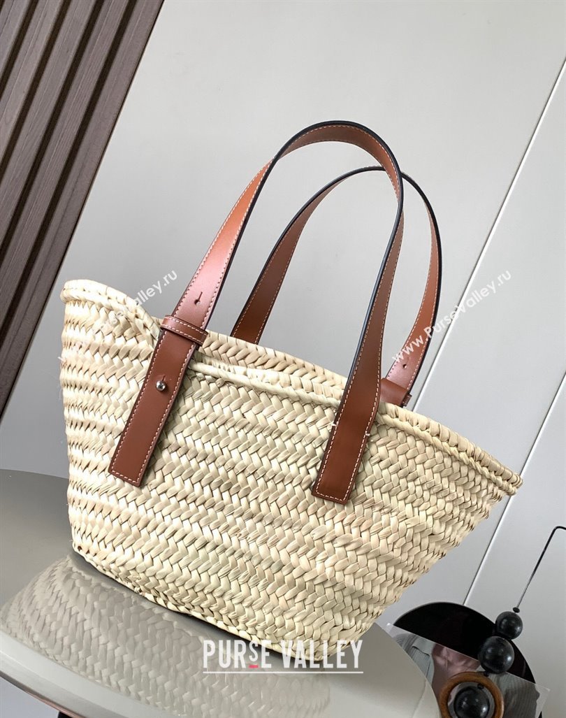 Loewe Small Basket bag in raffia straw and calfskin Brown 2024 8004 (Ys-240418067)