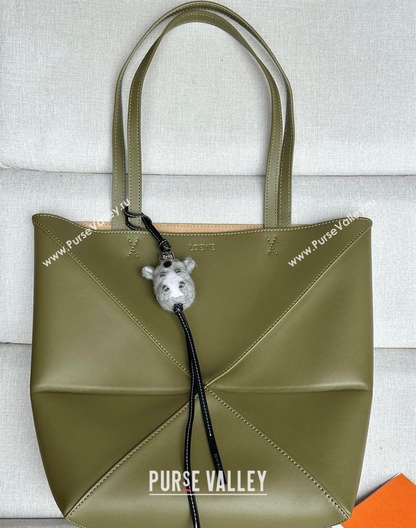 Loewe Medium Puzzle Fold Tote Bag in shiny calfskin Olive Green 2024 (nana-240920060)