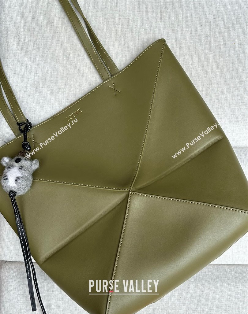 Loewe Medium Puzzle Fold Tote Bag in shiny calfskin Olive Green 2024 (nana-240920060)