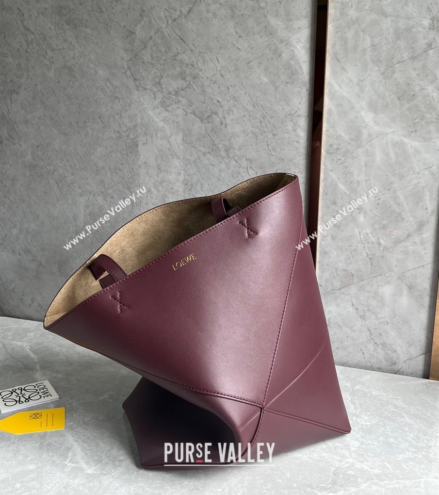 Loewe Medium Puzzle Fold Tote Bag in shiny calfskin Dark Burgundy 2024 (nana-240920065)